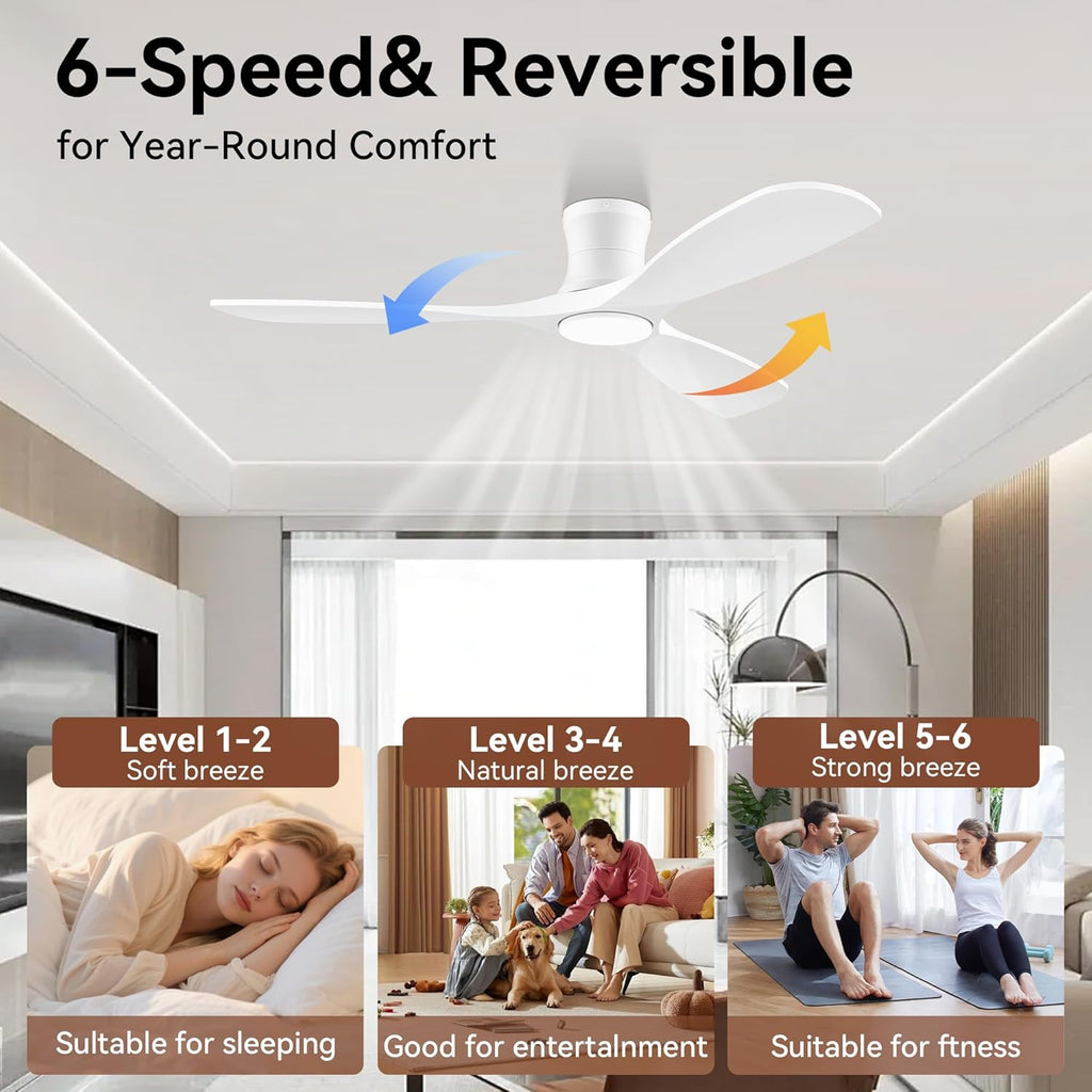 52” Wood Smart Flush Mount Ceiling Fans with Lights and Remote,Quiet DC Motor