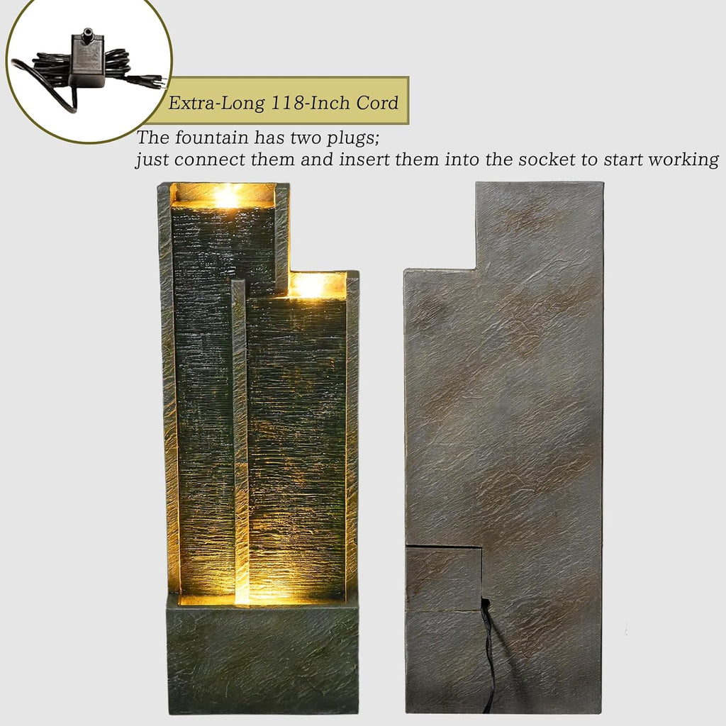 Modern Tiered Waterfall Fountain with Lights - Indoor Rectangular Water Feature - 35.4"H Waterfall Fountains Decor