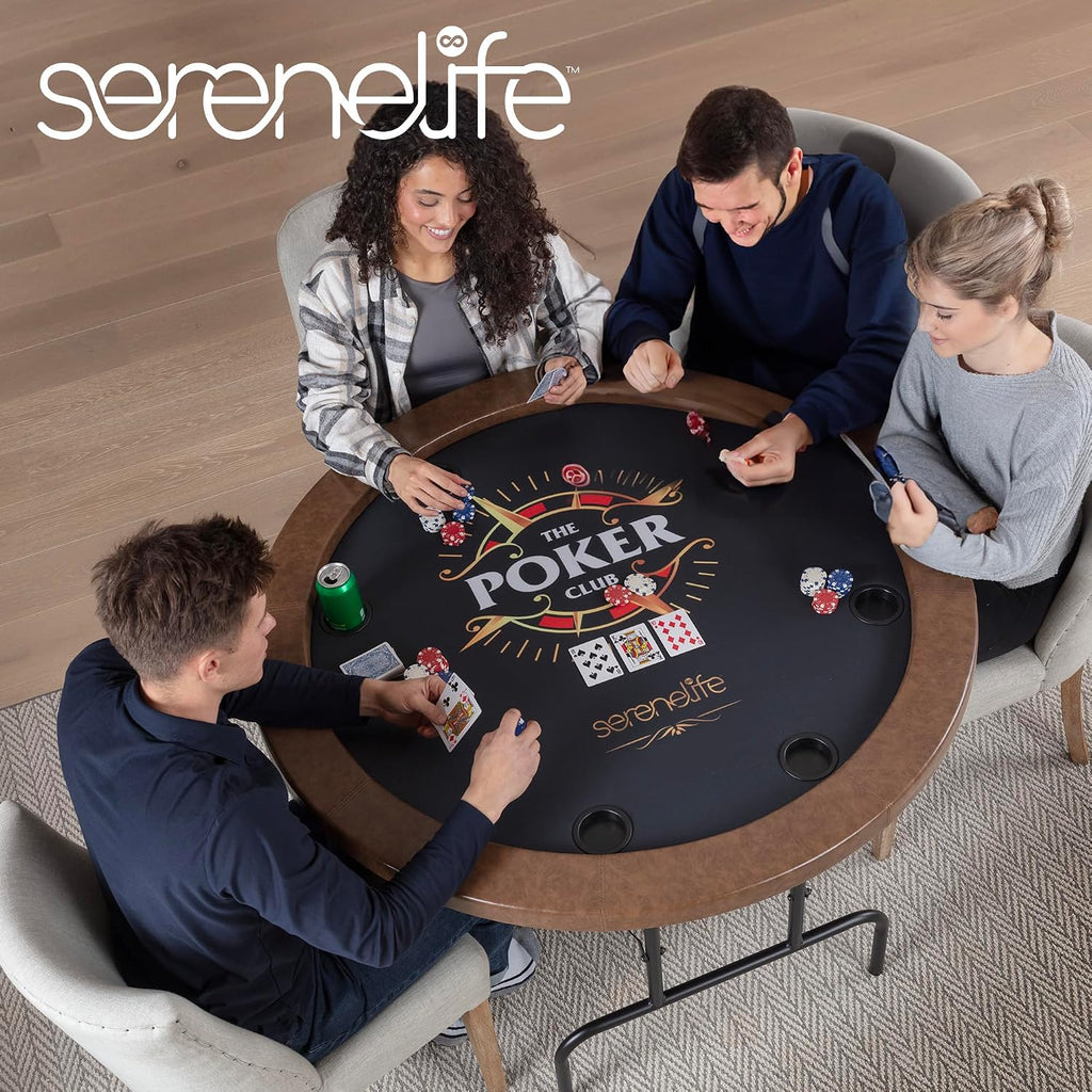 8 Player Round Foldable Poker Table, Casino Leisure Texas Holdem Table, w/Water Resistant Cushioned Rail, 8 Cup
