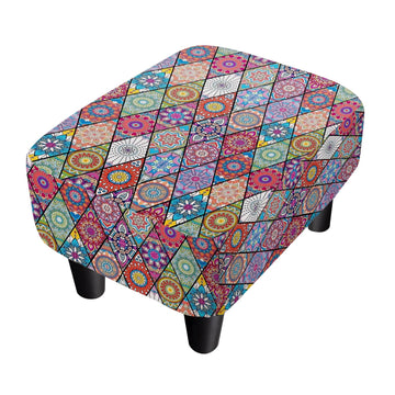 Colorful Small Foot Stool Ottoman, Boho Linen Mandala Footrest for Couch