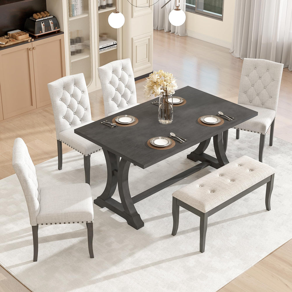 Farmhouse Dining Table Set for 6, Kitchen Table Set with Chairs and Bench, 6 Piece Solid Wood Dining Room Set with