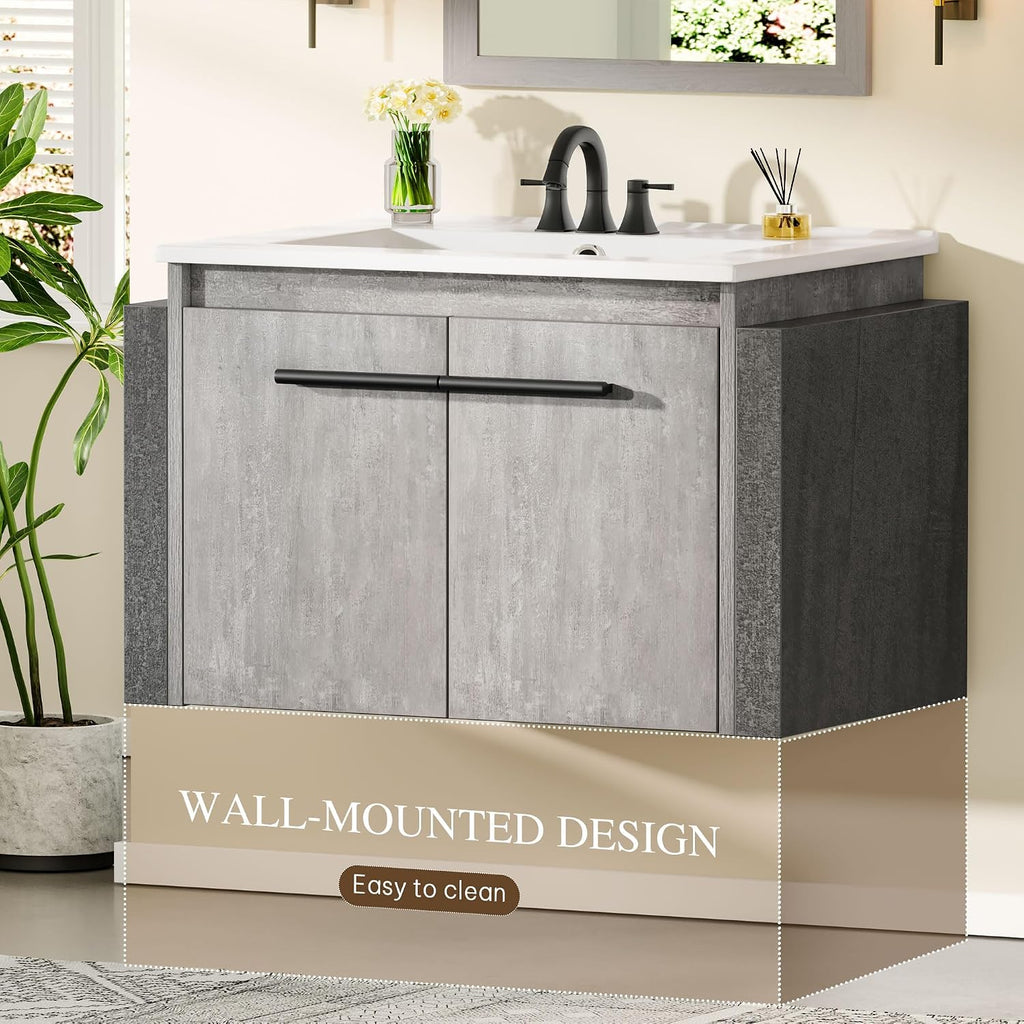36" Modern Wall Mounted Bathroom Vanity with Sink - White & Gray Cabinet with 2 Soft-Close Doors
