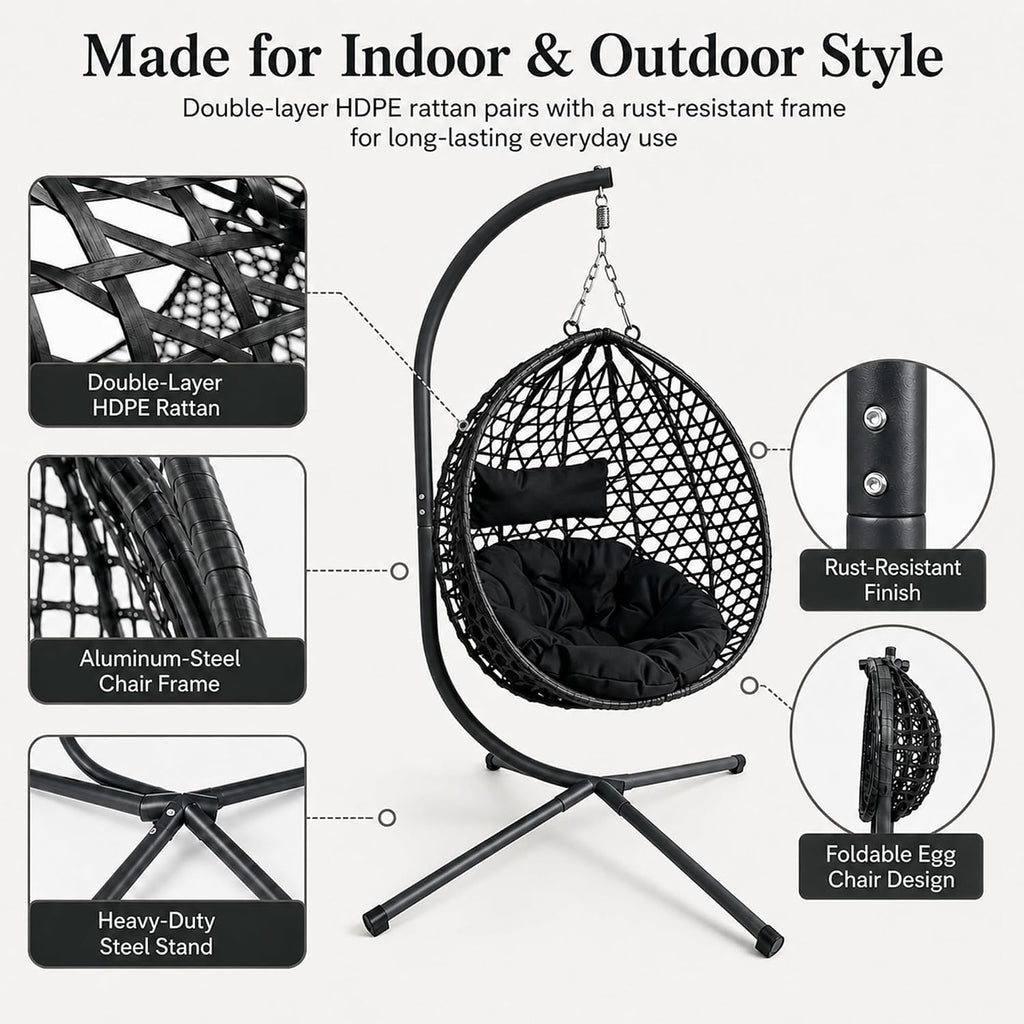 Outdoor Swing Chair, Folding Hanging Egg Chair with Stand Outdoor, PE Rattan Egg Swing Chair with Cushion & Pillow