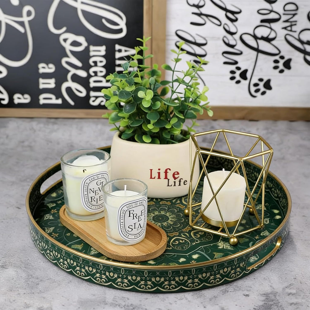 Round Serving Tray with Handles - Large Round Ottoman Tray Coffee Table Tray,Plastic Decorative Serving Trays for