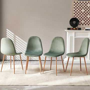Dining Chairs Set of 4, Mid Century Modern Green Velvet Upholstered Fabric Kitchen Chairs with Backrest & Metal