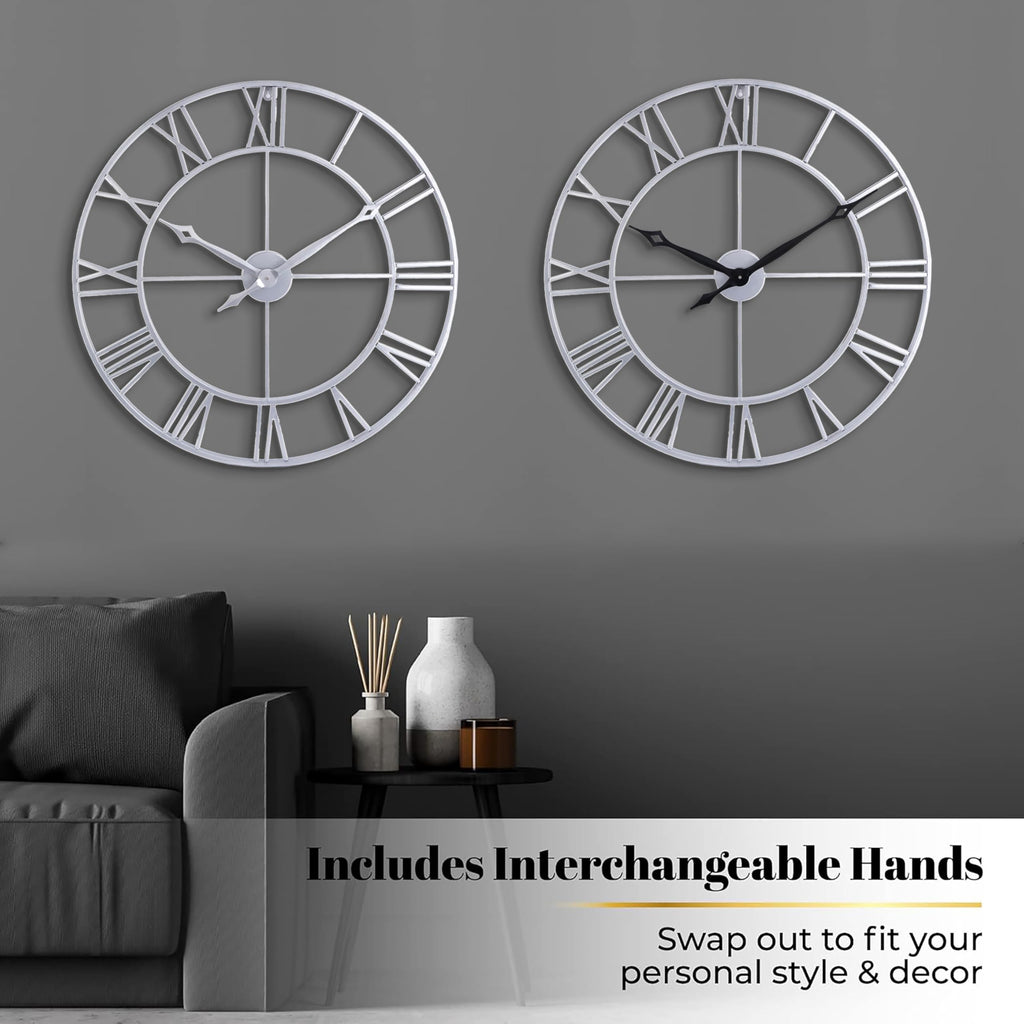 Large 30 Inch Wall Clock Decor, Silver Roman Numeral