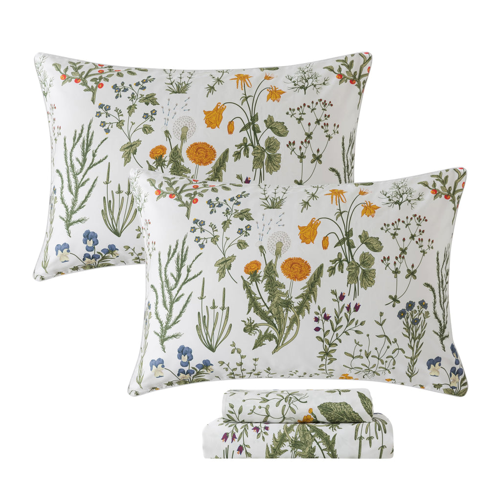 100% Percale Cotton Sheets Full Botanical Printed Floral Sheets Yellow Flowers & Leaves Pattern Farmhouse Bedding