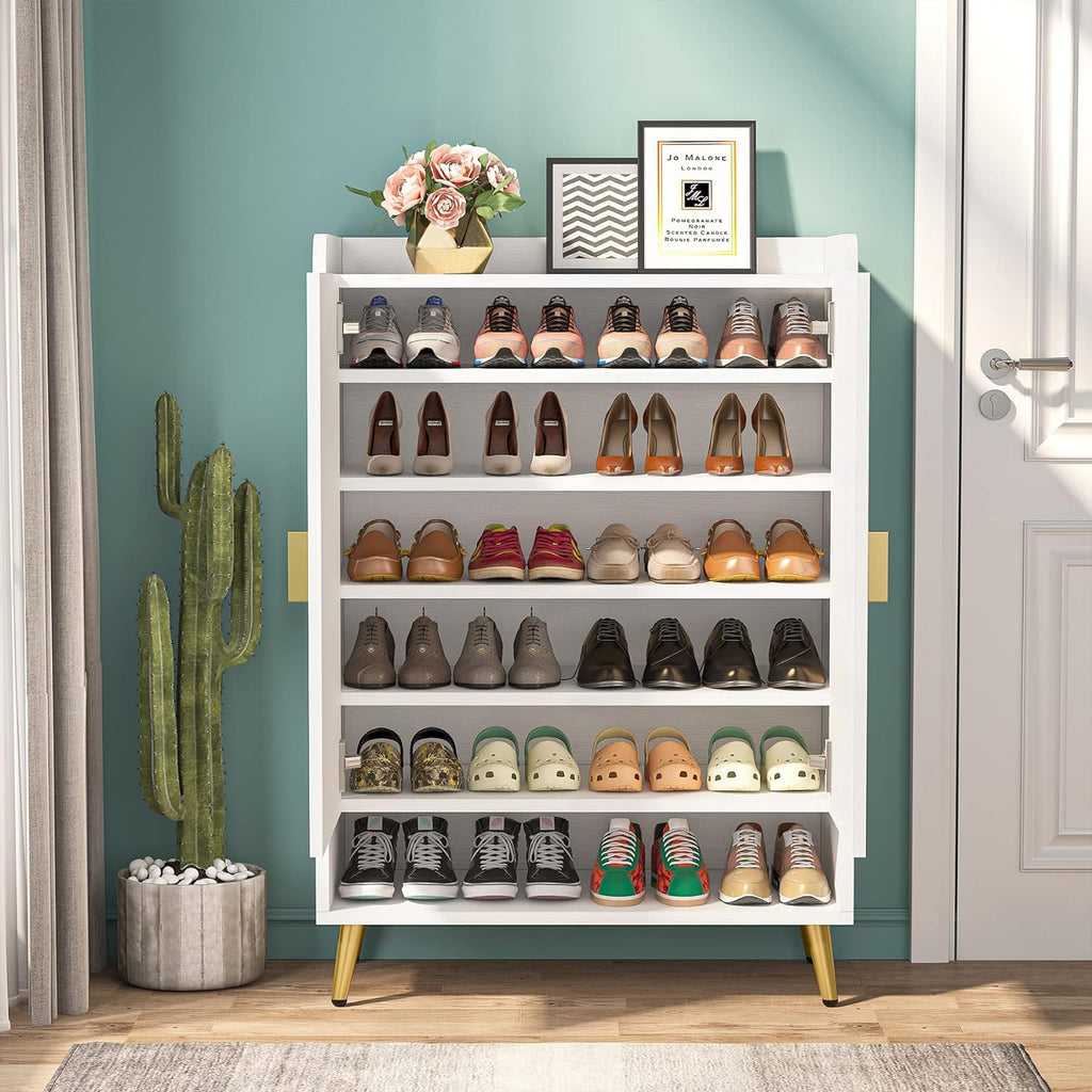 Shoe Cabinet with Doors, 6-Tier Shoe Storage Cabinet with Adjustable Shelves, Wooden Shoes Rack Shoe Storage