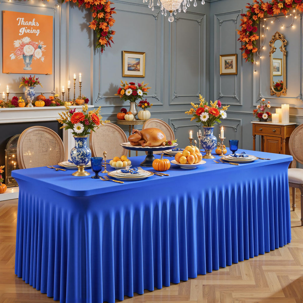 2 Packs Royal Blue Tableclothes for 8 Foot Rectangle Table, Wrinkle Free Spandex Tablecovers 8FT Stretch Fitted Table