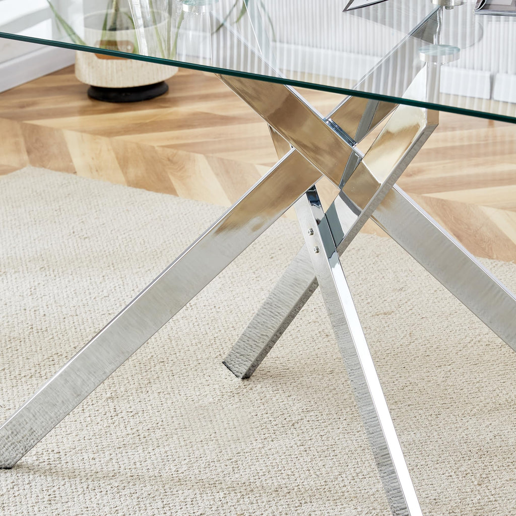 Rectangular Glass Dining Table, Tempered Glass Tabletop and Metal Legs, Modern Style Glass Kitchen Table (Silver