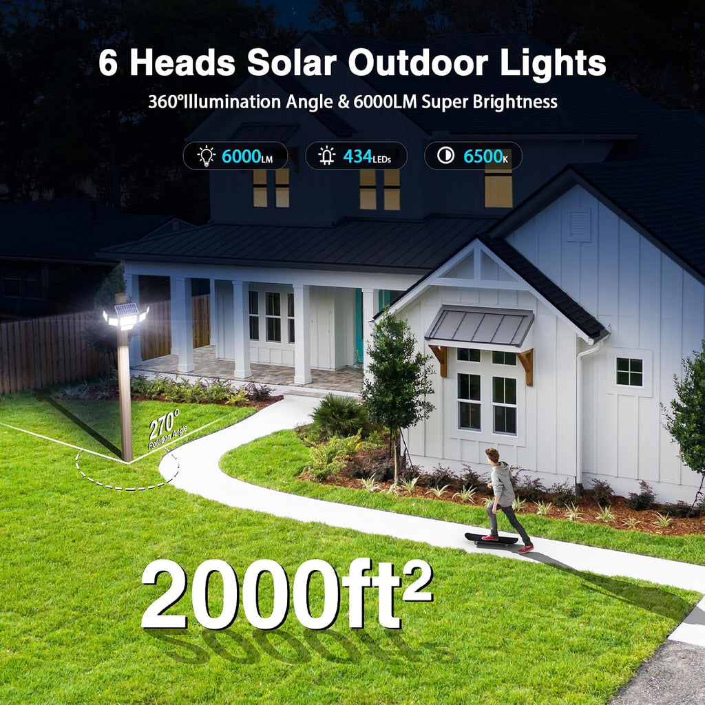 6000LM Solar Lights Outdoor Waterproof, 6 Heads Solar Flood Lights Outdoor with 2 Motion Sensor, 310 LED Motion Light