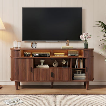 59" Fluted TV Stand with Sliding Doors, Mid Century Modern TV Stands for Tvs up to 65", Entertainment Center with Storage and Adjustable Shelves, Wood Media TV Consoles for Living Room (Walnut)