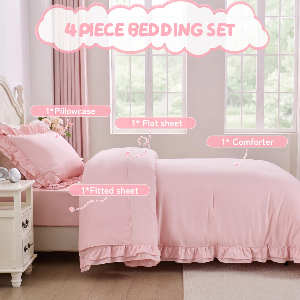 Toddler Bedding Set for Girls, 4 Piece Double Ruffles Super Soft Toddler Bed Set with Boho Toddler Comforter Sheet