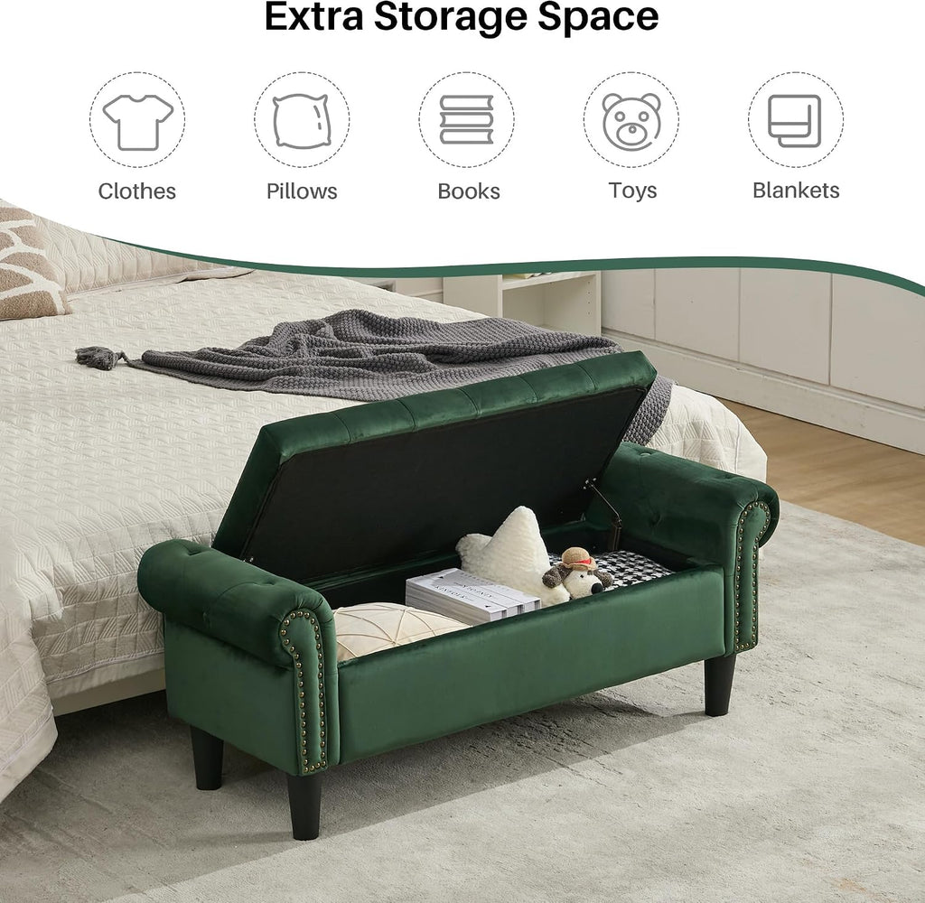 50" Storage Bench , Velvet Upholstered, Green | End of Bedroom Bed Bench Ottoman with Tufted Cushioned Rolled Arm