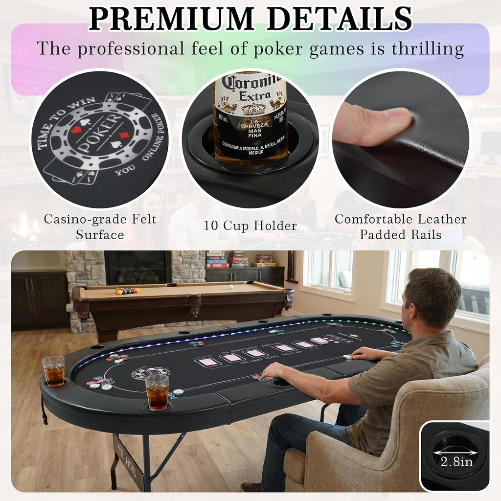 LED Poker Table for 10 Players, 84" Oval Foldable Texas Holdem Casino Table with Tri-Color LED Lights, Board Game