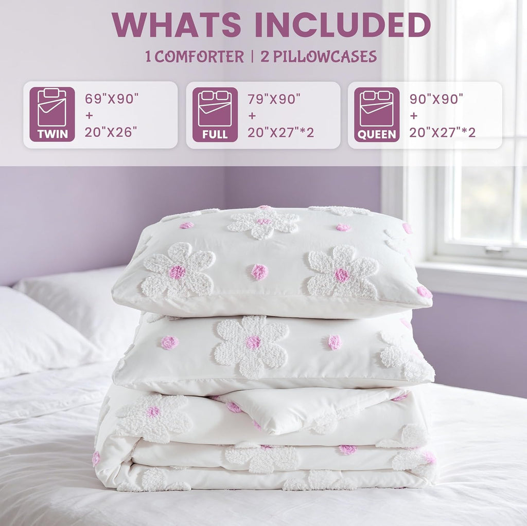 Comforter Set for Girls 3 Pieces Soft Pink Tufted Daisies Flowers Bedding Set Bed in A Bag Cute Floral Comforter