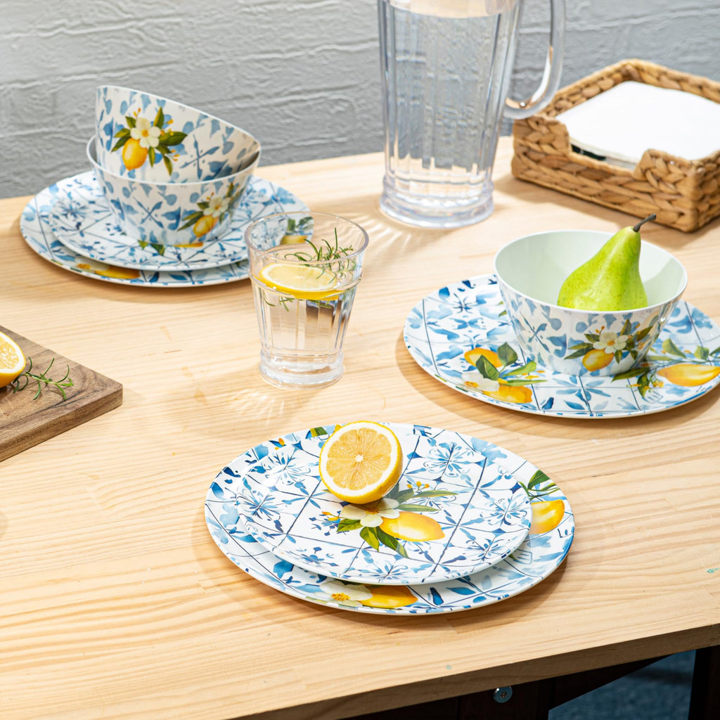 Melamine Dinnerware12 Piece Outdoor Indoor Set, Lemon Tiles