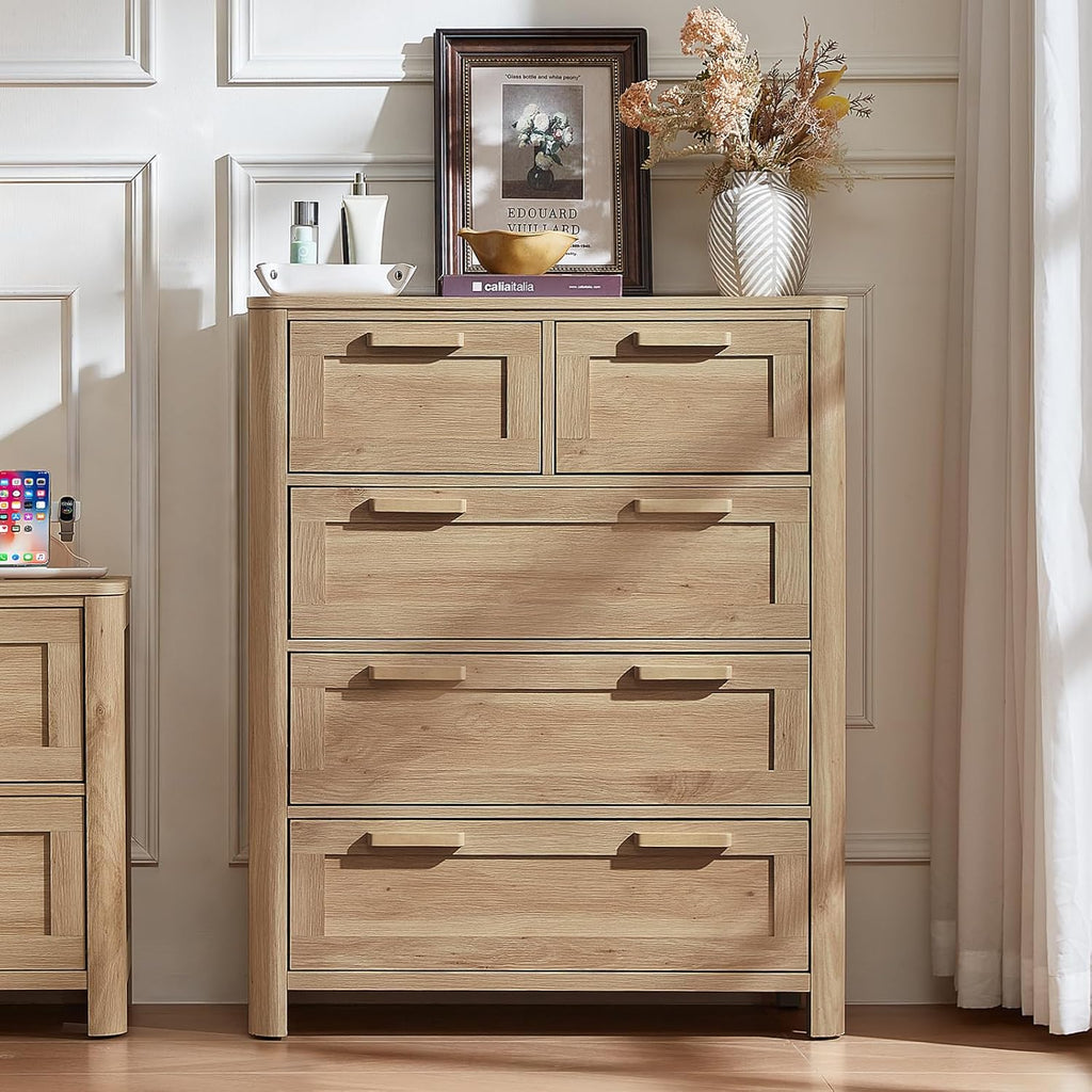 Farmhouse 5 Drawer Dresser , Vertical Dressers Chest of Drawers with 5 Deep Drawers & 4 Thickened Table Legs, Natural