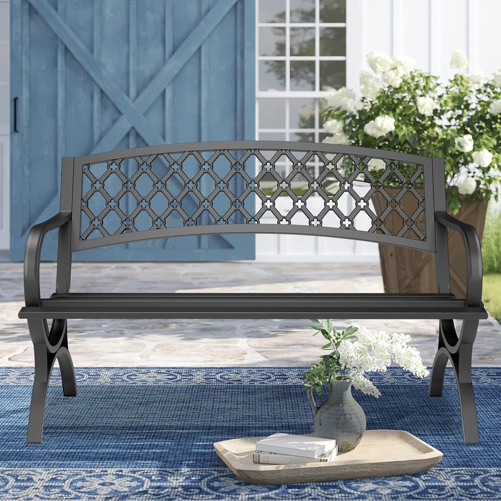 Outdoor Bench Garden Benchs, Weatherproof Anti-Rust Heavy-Duty Outside Bench Clearance, Wrought Iron Metal Bench for