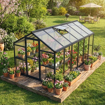 8x12ft Walk-in Greenhouse, Heavy Duty Large Outdoor Green House | Polycarbonate Garden Greenhouse with Roof Vent