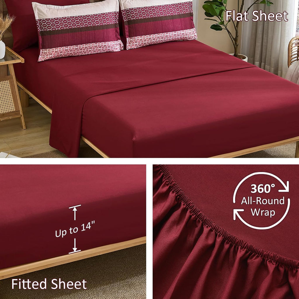 DJY Boho Comforter Set King,7 Pieces Bed in a Bag Burgundy Red Striped Bedding Sets,Patchwork Soft Microfiber Bedding