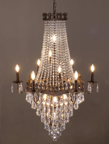 French Empire Crystal Chandelier,13-Light Bronze Crystal Pendant Light,Farmhouse Vintage Chandelier Lighting for Living Room, Dining Room, Bedroom, Foyer