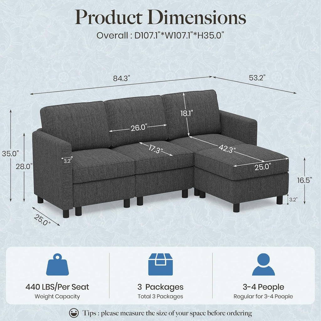 84.3" 4 Seats L Shaped Couch Modular Sectional Sofa Washable Sectional Couches Comfy Couches with Storage Seat Couch