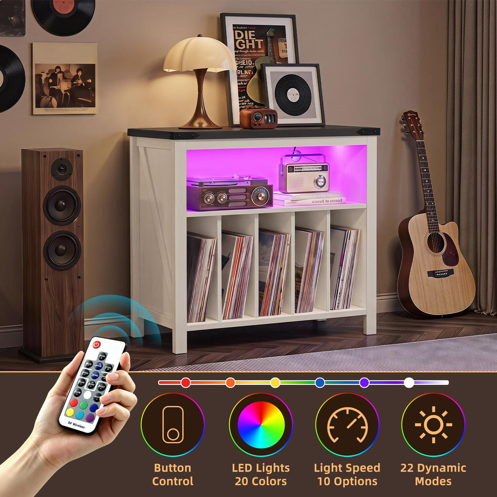 Large Record Player Stand with Power Outlets & 20-Color Lights