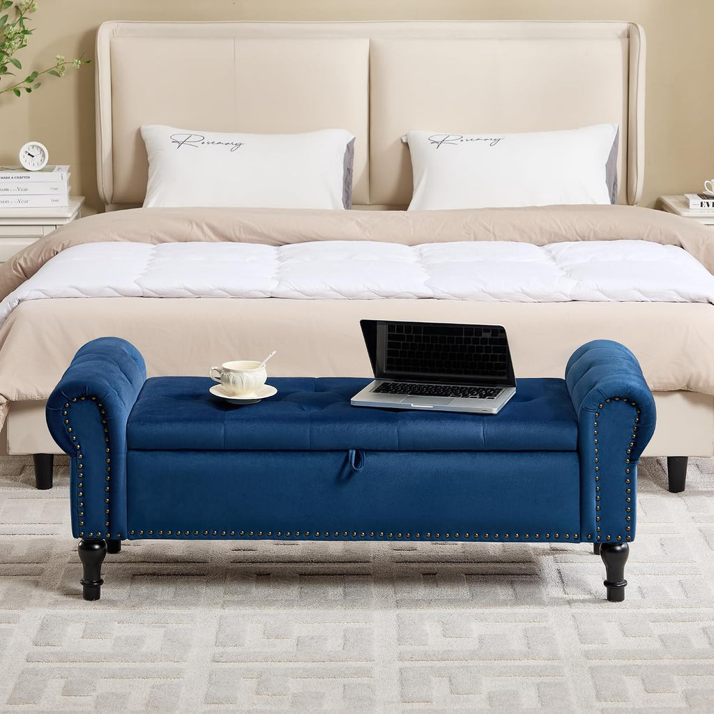 Storage Bench , 51" Upholstered End of Bed Bench, Velvet Queen Size Benches with Rolled Arms, Tufted Button Storage