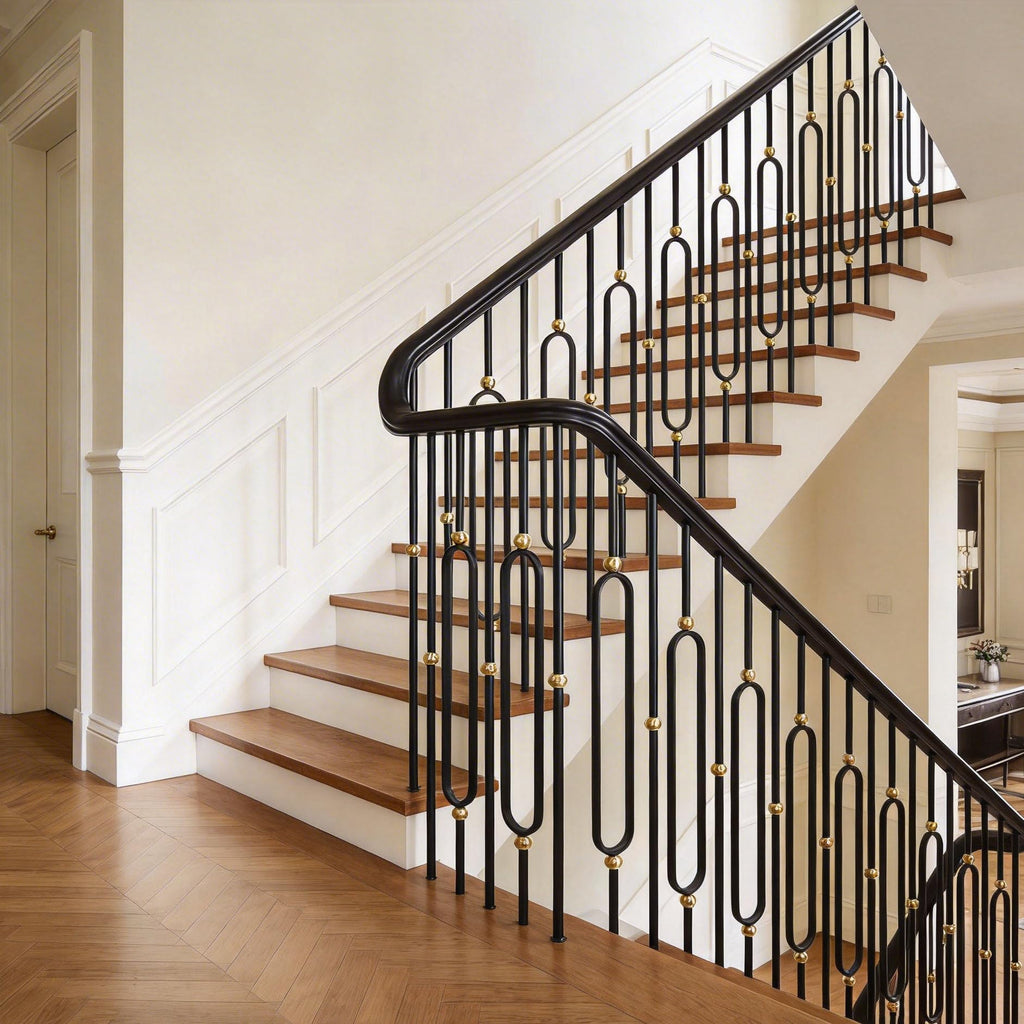 Round 5/8" * 44" Wrought Iron Balusters for Indoor Stair Railing (5 Pcs Oval Design with Brass Ball + 5 Pcs Plain