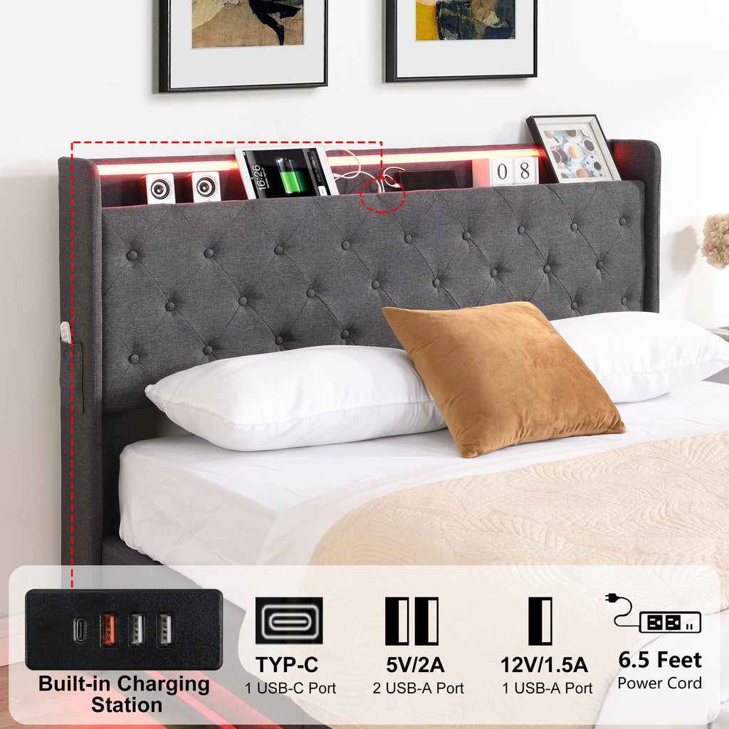 Full Size Bed Frame with Headboard, Lift Up Storage Bed Frame with Charging Station&Led Lights, Upholstered Platform