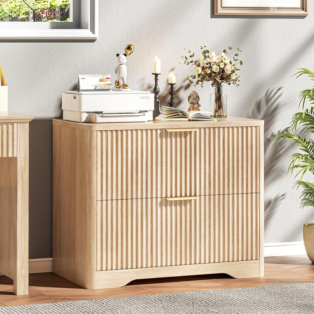 Lateral File Cabinet with 2 Drawers, Natural Oak Fluted Filing Cabinet | Fluted File Cabinet for Letter/Legal/A4 Size