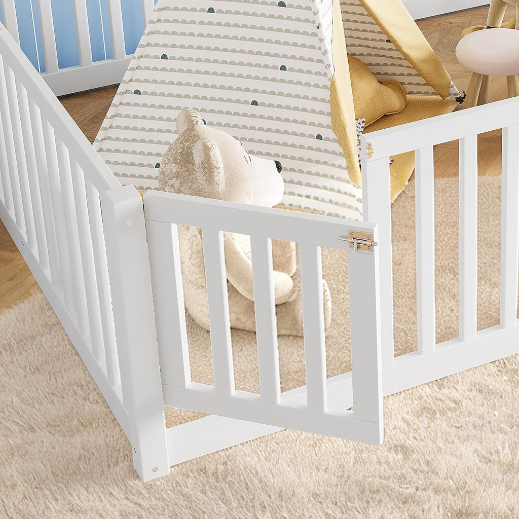 Queen Size Kids Montessori Floor Bed with Door,Solid Wood Floor Bed Frame with High Fence for Girls,Boys,White