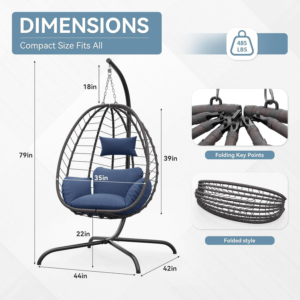 Foldable Egg Chair with Stand, 485LBS Capacity Wicker Rattan Hammock Swing Chair for Outdoor & Indoor, Patio Hanging