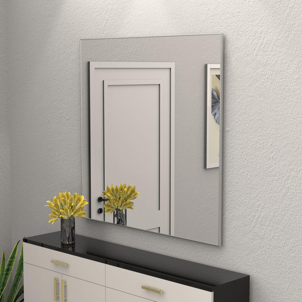 Large Modern Wall Mirror, 36" x 36" Square Aluminum Frame Wall Mounted Mirror Hangs Horizontal or Vertical Bathroom