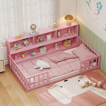 Twin Floor Bed for Kids, Wooden Montessori Bed Frame with Bookcase, Storage Shelves & Safety Fence Rails, Floor Beds