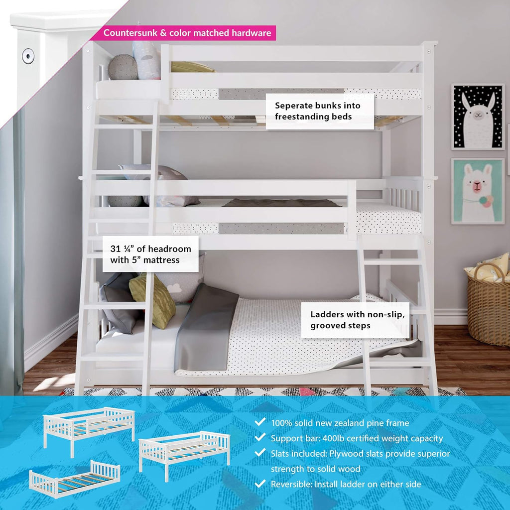 Triple Twin Bunk Bed, Solid Wood Bed Frame For Kids, No Box Spring Needed, Easy Assembly, White