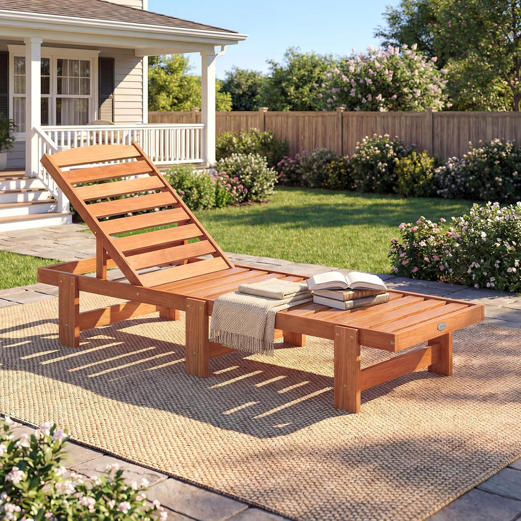 Lounge Chair Outdoor, Solid Wood Patio Chaise Lounge with 5-Level Adjustable Backrest, Wooden Slatted Beach Pool