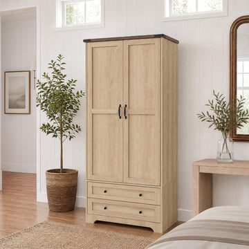 71" Wooden Armoire Wardrobe Closet with 2 Doors & 2 Drawers, Natural | Modern Tall Storage Cabinet with Adjustable