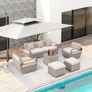 Patio Furniture Set, Oversized 7-Seat Outdoor Sectional with Ottoman and Coffee Table, Wicker Rattan Patio Sofa Set