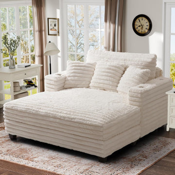 60" Oversized Chaise Lounge Chair with Wood Frame, USB Charging Port, Beige | Comfy Plush Faux Fur, 2 Cup Holders & 3