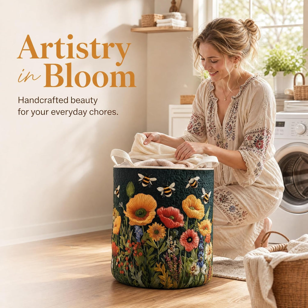 Quilted Laundry Basket with Handles, Boho Floral Quilted Storage Hamper, Large Capacity Laundry Hamper Bedroom