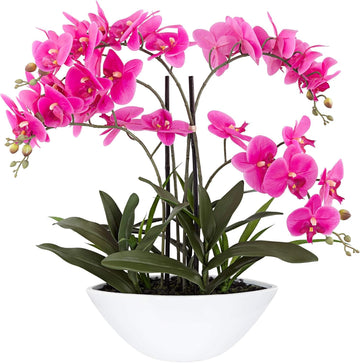 Potted Silk Faux Artificial Flowers Arrangement Realistic Pink Orchid in White Ceramic Oval Pot for Cottage Core Home