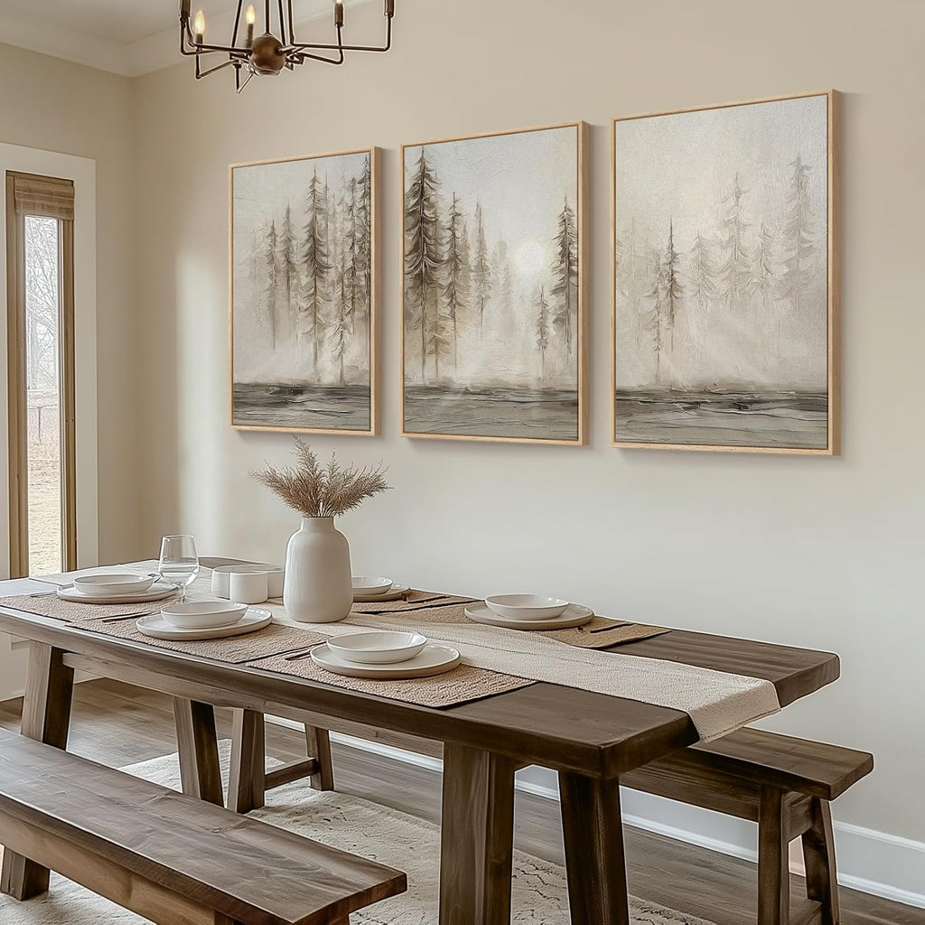 Framed Neutral Wall Art , Large 3 Piece Abstract Pastel Grunge Forest Landscape Tree Canvas Artwork Set, Modern Art