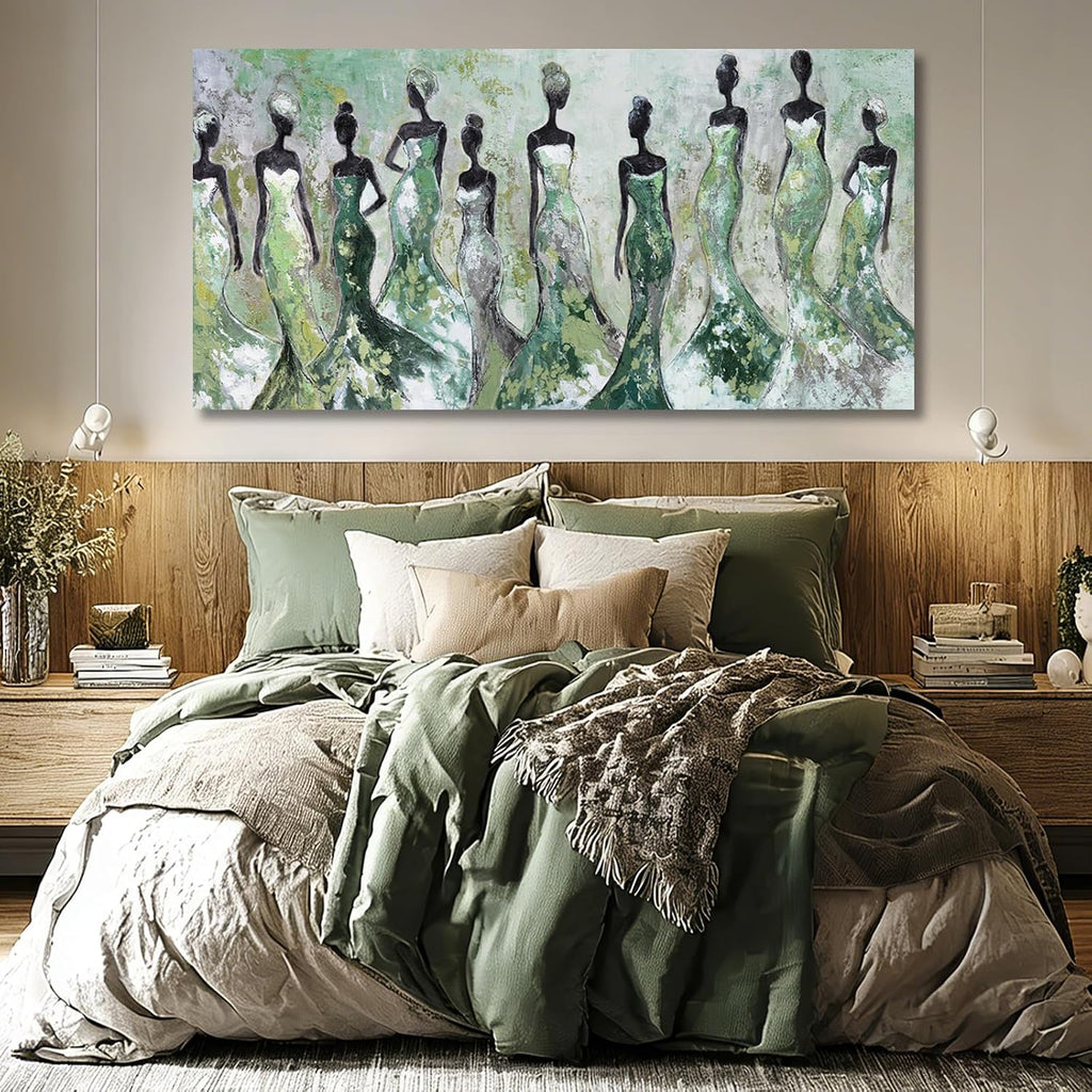 Green Abstract Figure Wall Art, Black Modern Horizontal Canvas Print, Aesthetic Fashion Artwork