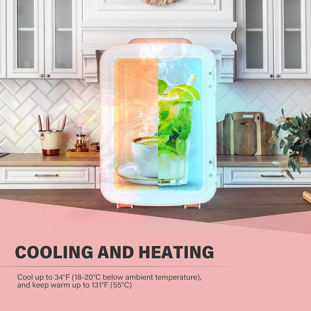 4L 6 Can Portable Mini Fridge, Cooler & Warmer Compact Refrigerators for Food, Drinks, SkinCare, Office Desk, Pink