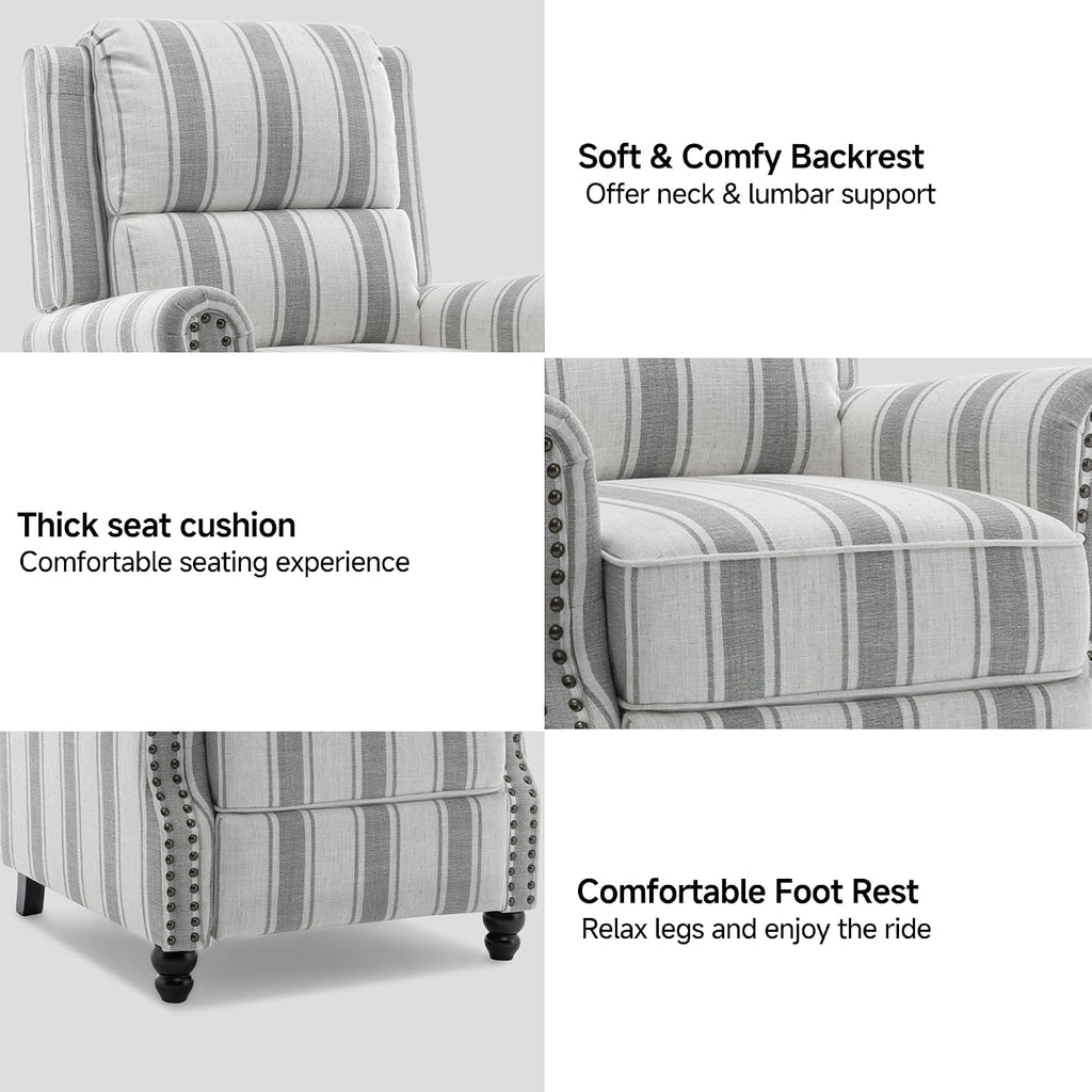 Pushback Recliner Chair, Modern Wingback Recliner, Stripe Gray | Upholstered Push Back Armchair | Comyf Fabric |