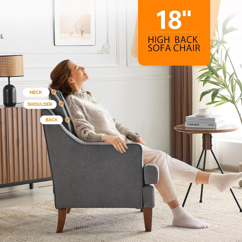 Mid-Century Modern Accent Chair, Light Grey Upholstered Armchair Comfy Sofa Chair Reading Chair High Back Bedroom