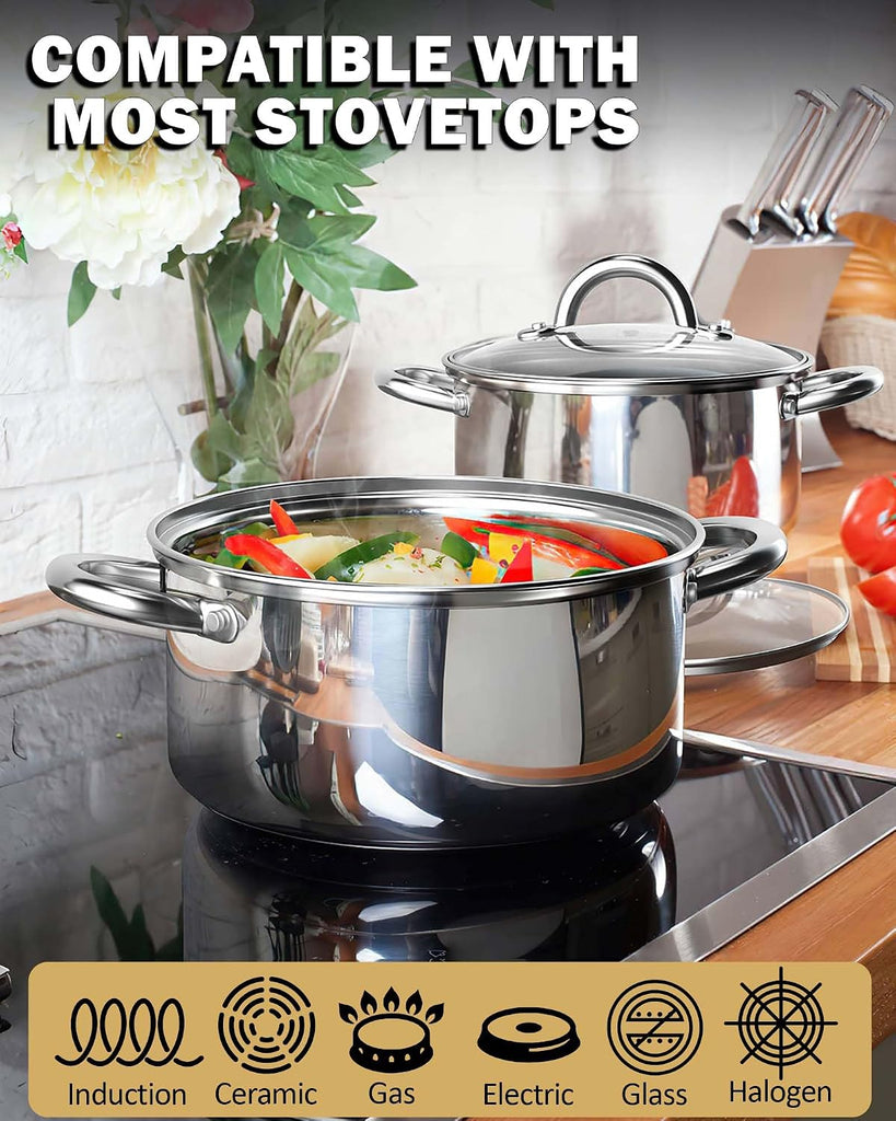 Kitchen Cookware Sets, 12-Piece Basic Stainless Steel Pots and Pans, Silver | Stay-Cool Handle, Induction Compatible