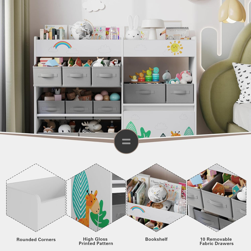 Kids Bookshelf, Toy Storage Organizer with Movable Toy Chest | Toddler Montessori Bookshelf with 10 Fabric Bins
